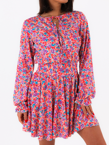 Flowy Mini Length Dress With Tie Neckline | colorful C171