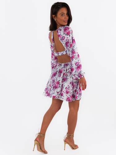 Loose Mini Dress With Cutout | white with roses C175