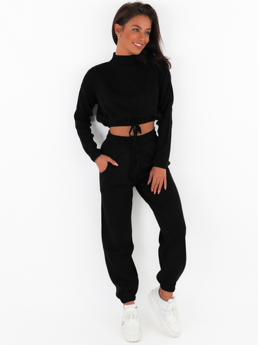 Sweater set short sweatshirt and high-waisted trousers black 15137