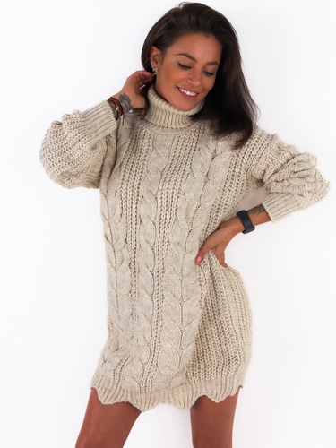 Turtleneck tunic sweater dress weave braids beige 3567