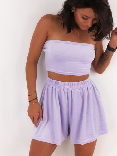 Velor set of high waisted shorts and lilac top c317