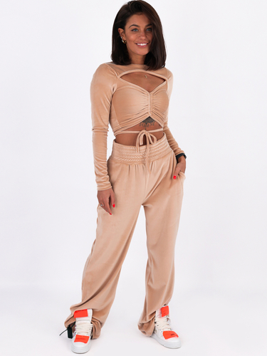 Velour Fitted Blouse, Short Top With Sexy Neckline | beige C121