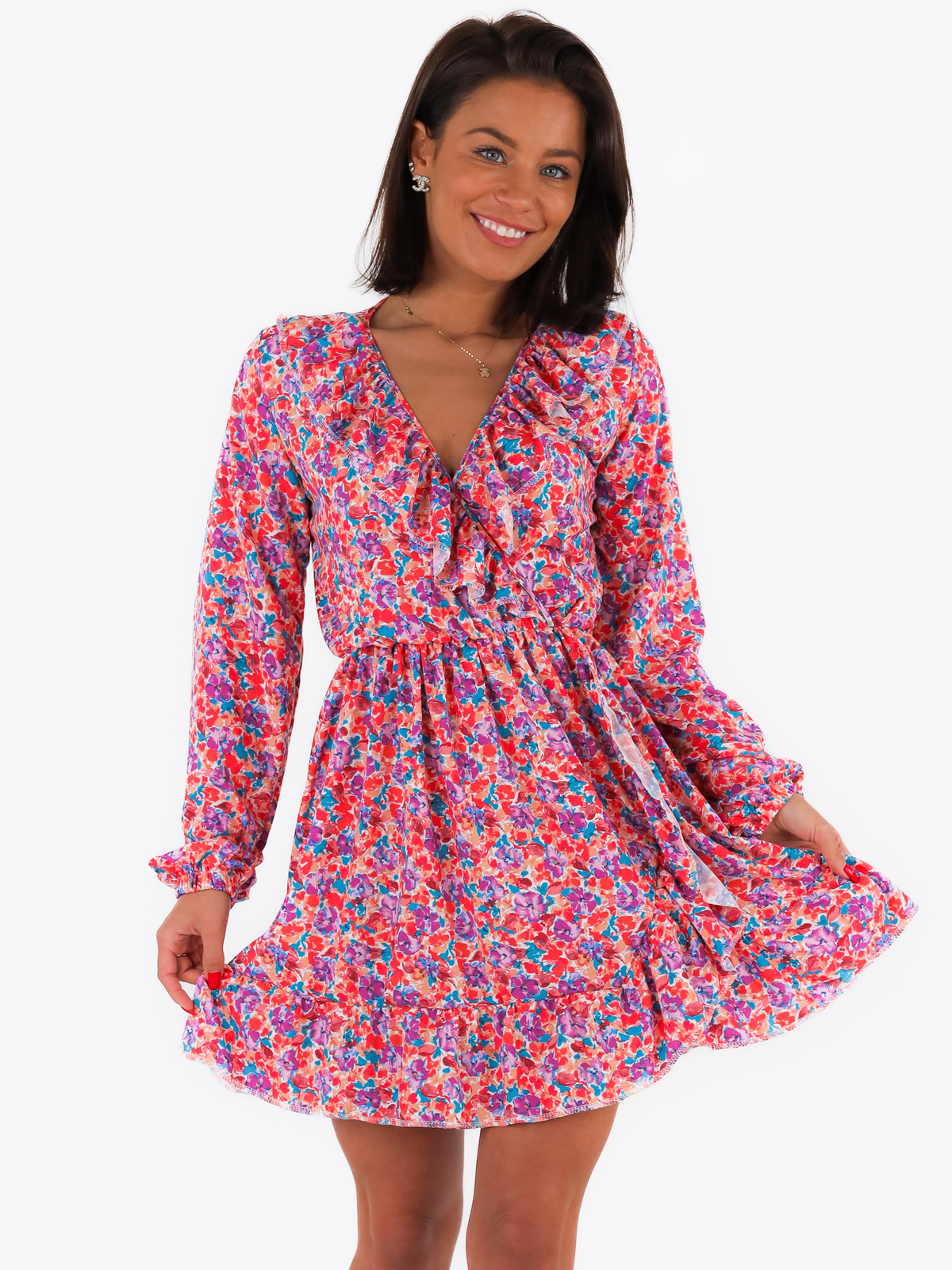 Airy Dress With Envelope Neckline And Ruffles | colorful C176