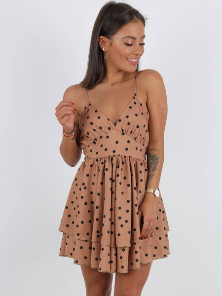 Airy Dress With Ruffled Neckline | beige with stripes A142