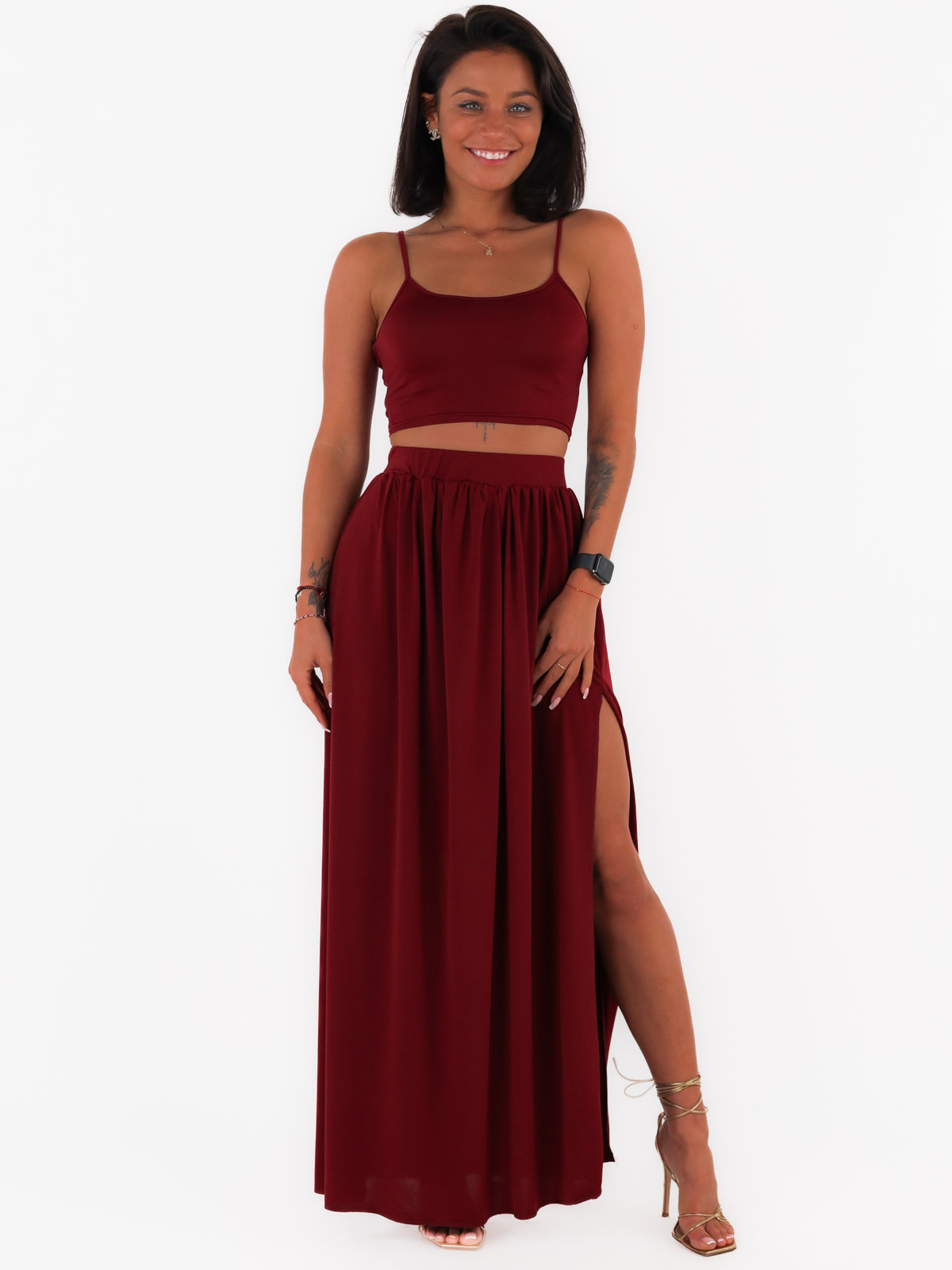 Airy set of maxi skirt and short top with straps burgundy c323