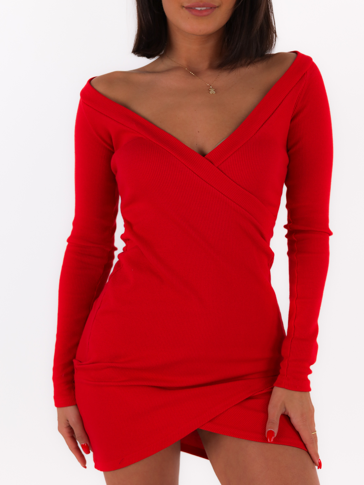 Asymmetrical Ribbed Dress With Envelope Cut | red C173