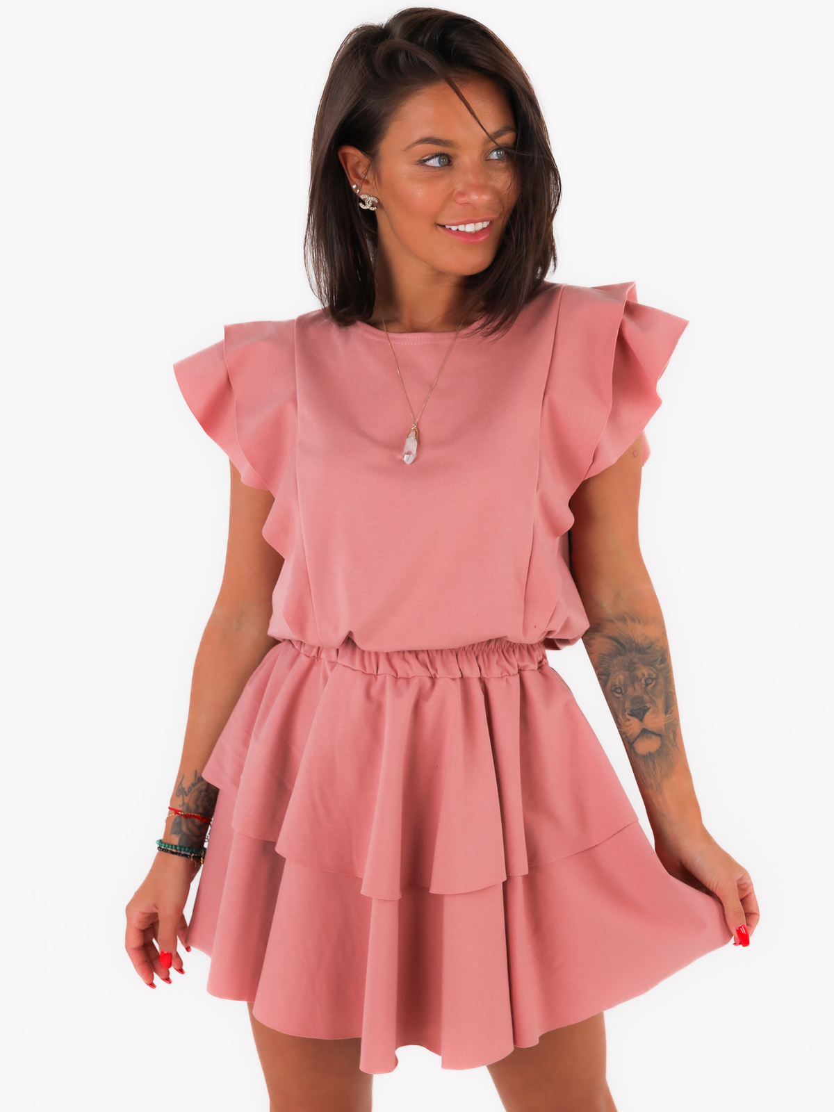 Asymmetrical dress with frills, dirty pink c223 k01