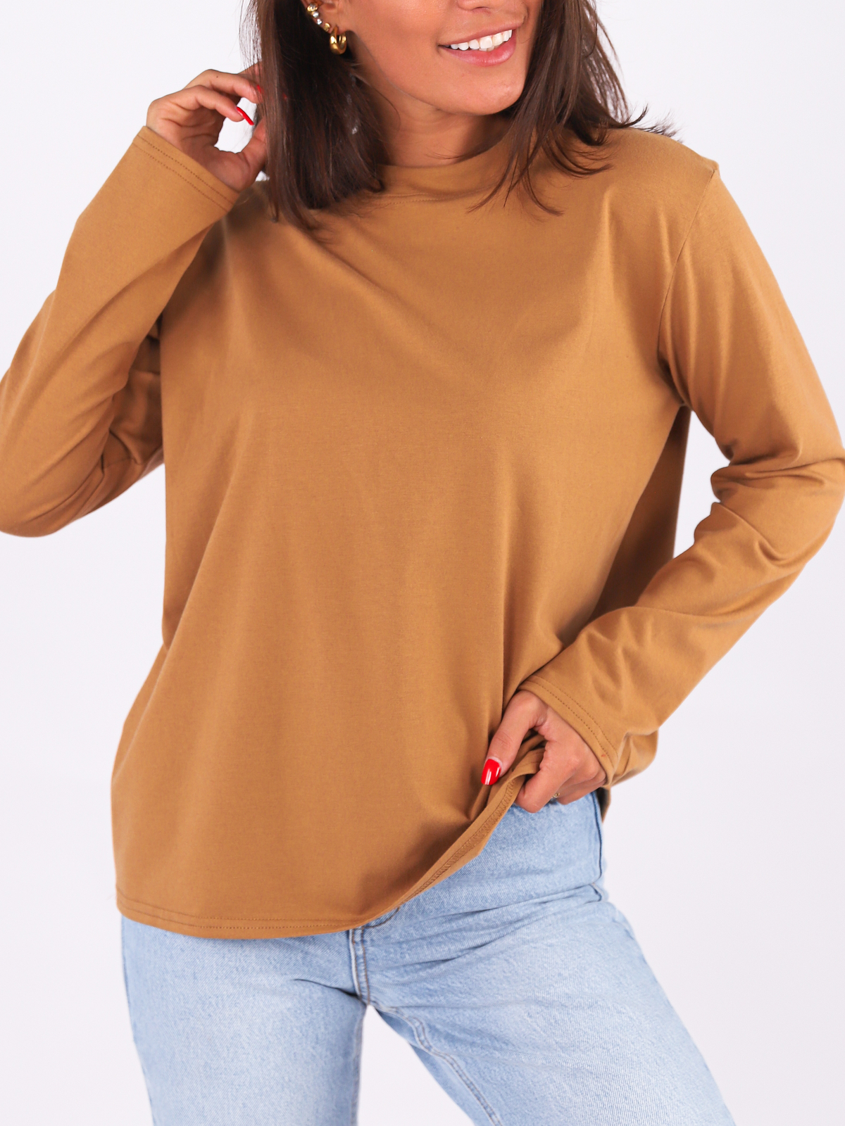 Basic Cotton Blouse With Long Sleeves | camel B220