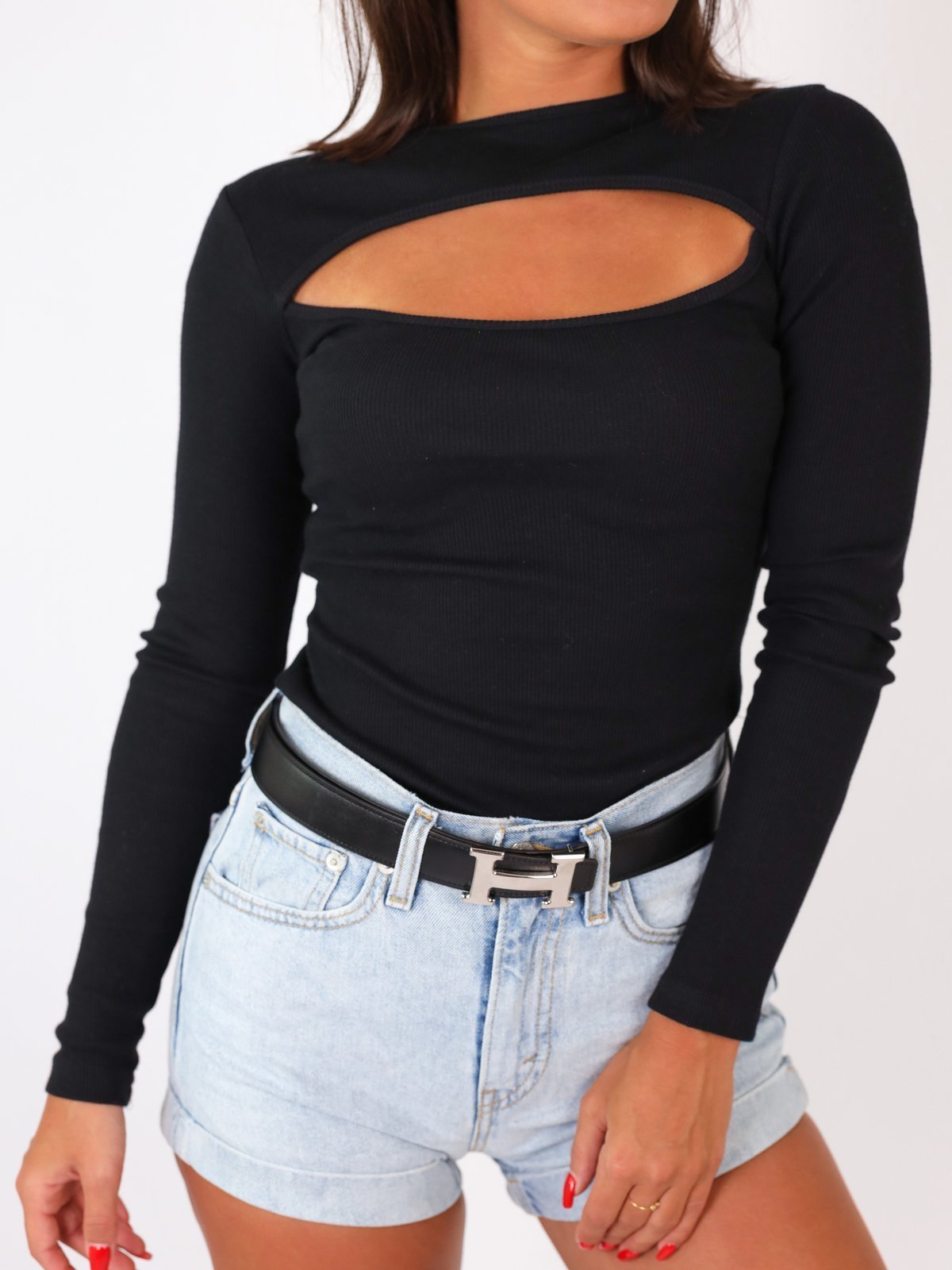 Cotton Blouse With Ribbed Neckline | black B26
