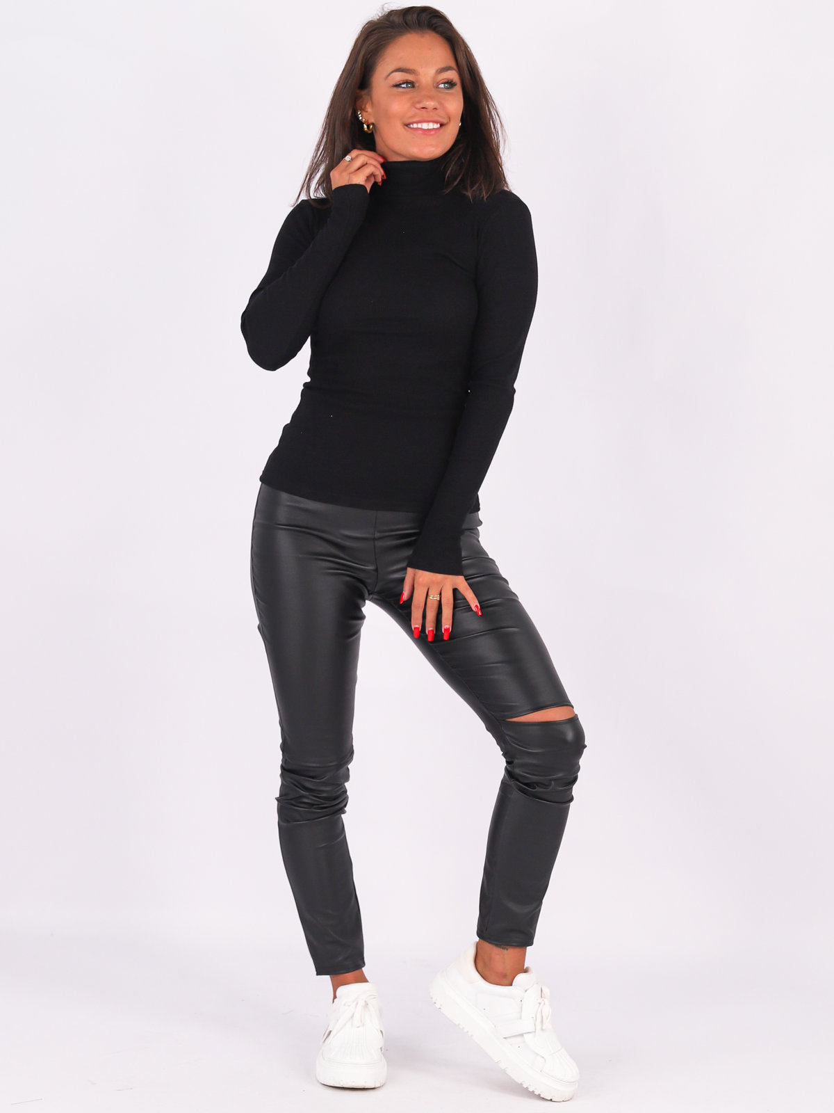 Cotton Blouse With Ribbed Turtleneck | black B237