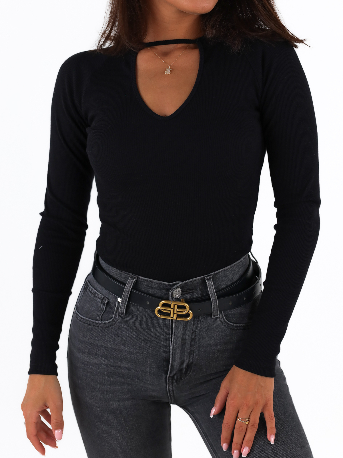 Cotton Fitted Blouse With Ribbed Neckline | black C142