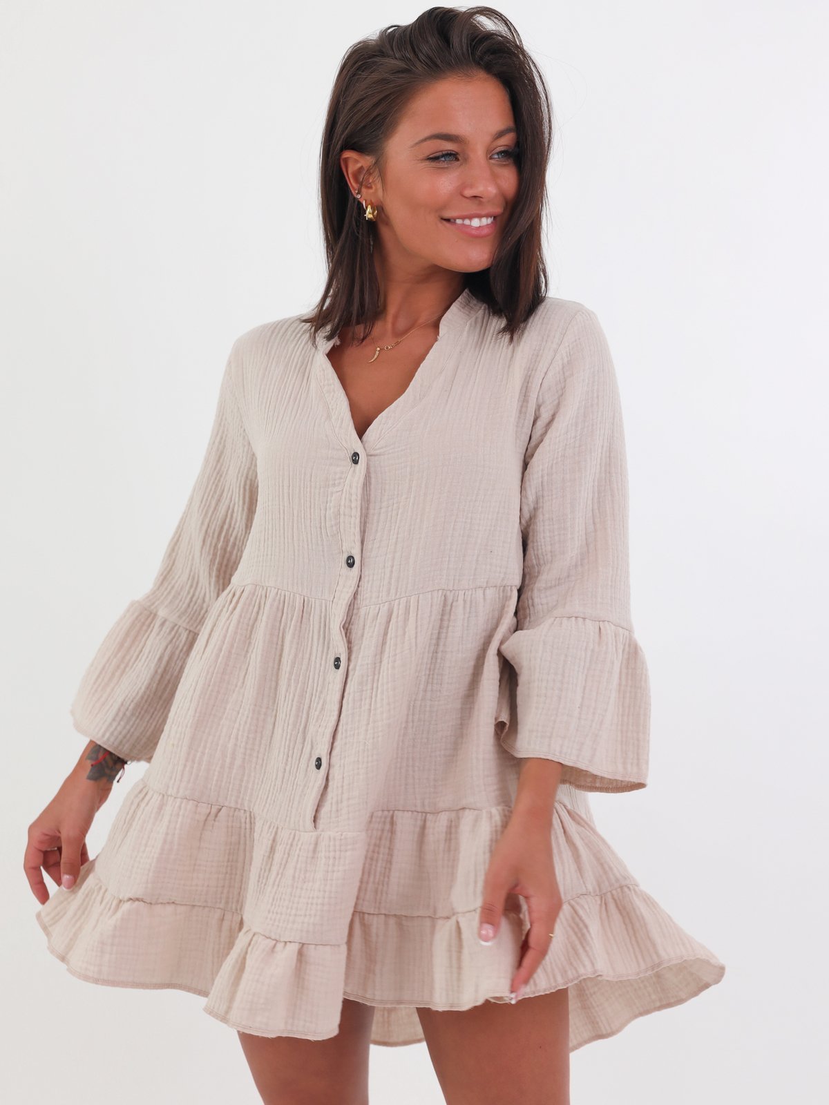 Cotton Muslin Asymmetrical Dress With Buttons | beige B68