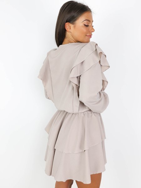 Elegant Shoulder Ruffle Dress | beige X184