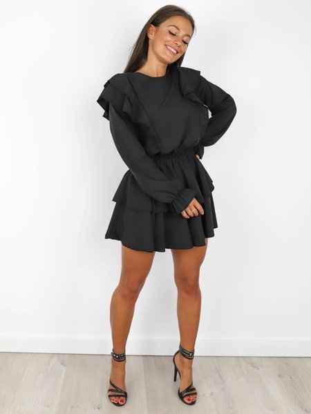 Elegant Shoulder Ruffle Dress | black X184
