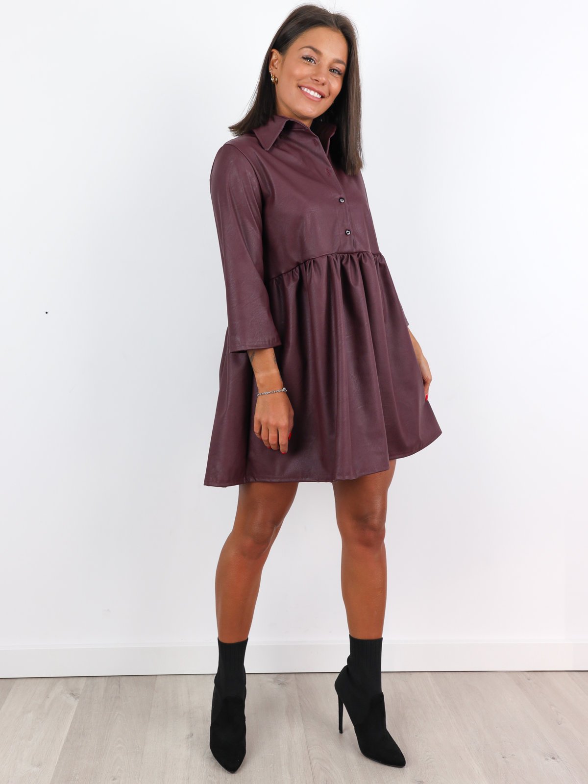 Faux Leather Trapeze Dress | maroon A265