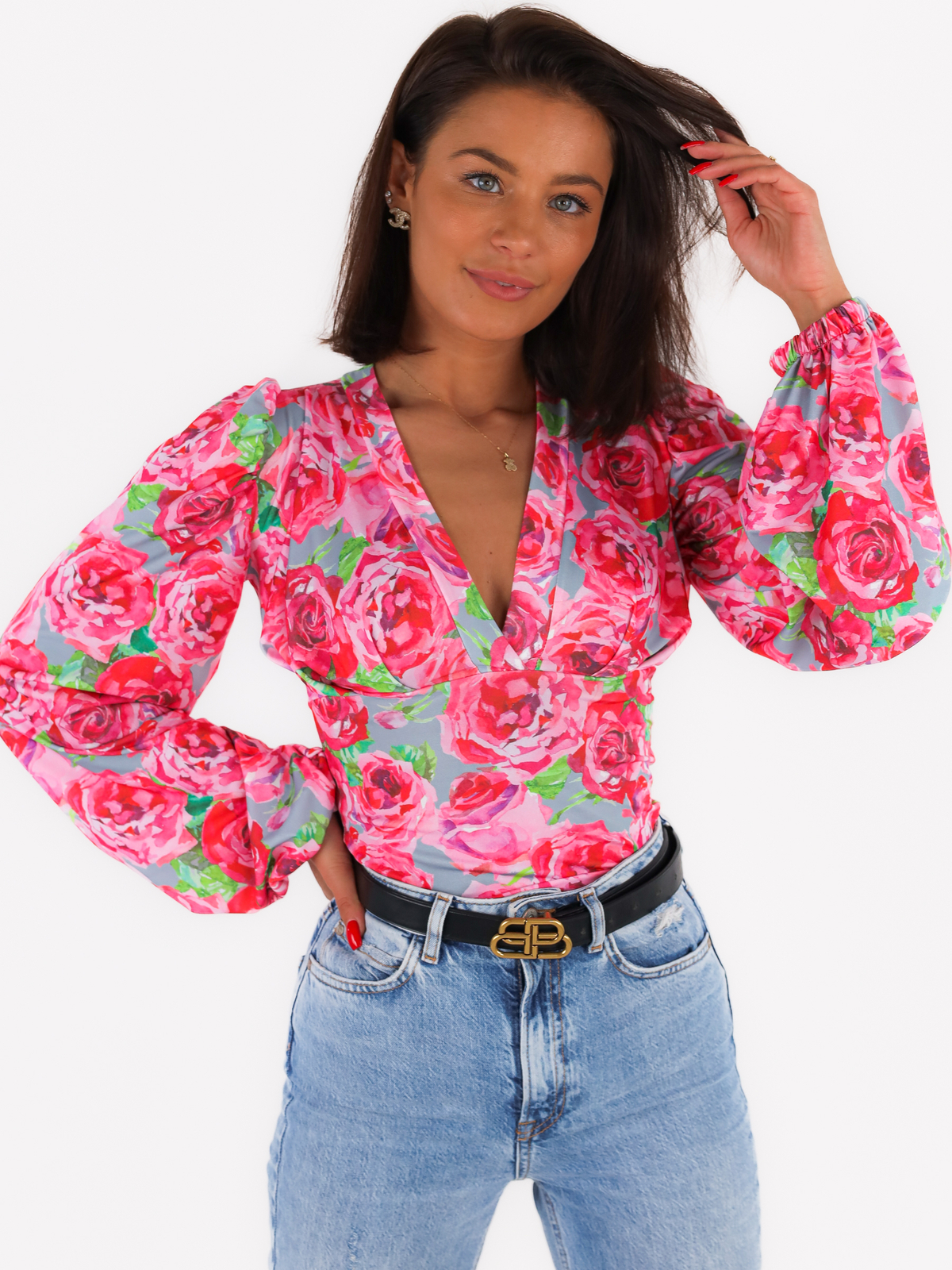 Fitted Blouse With Wide Sleeves | pink with roses C179