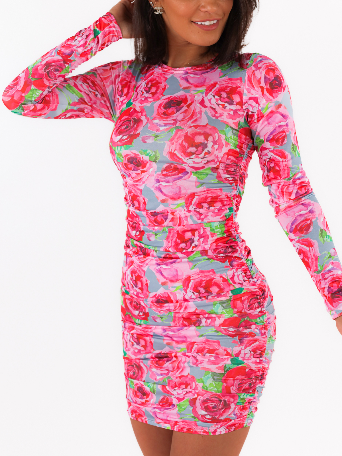 Fitted Dress With Draping Mini Length | pink with roses C165
