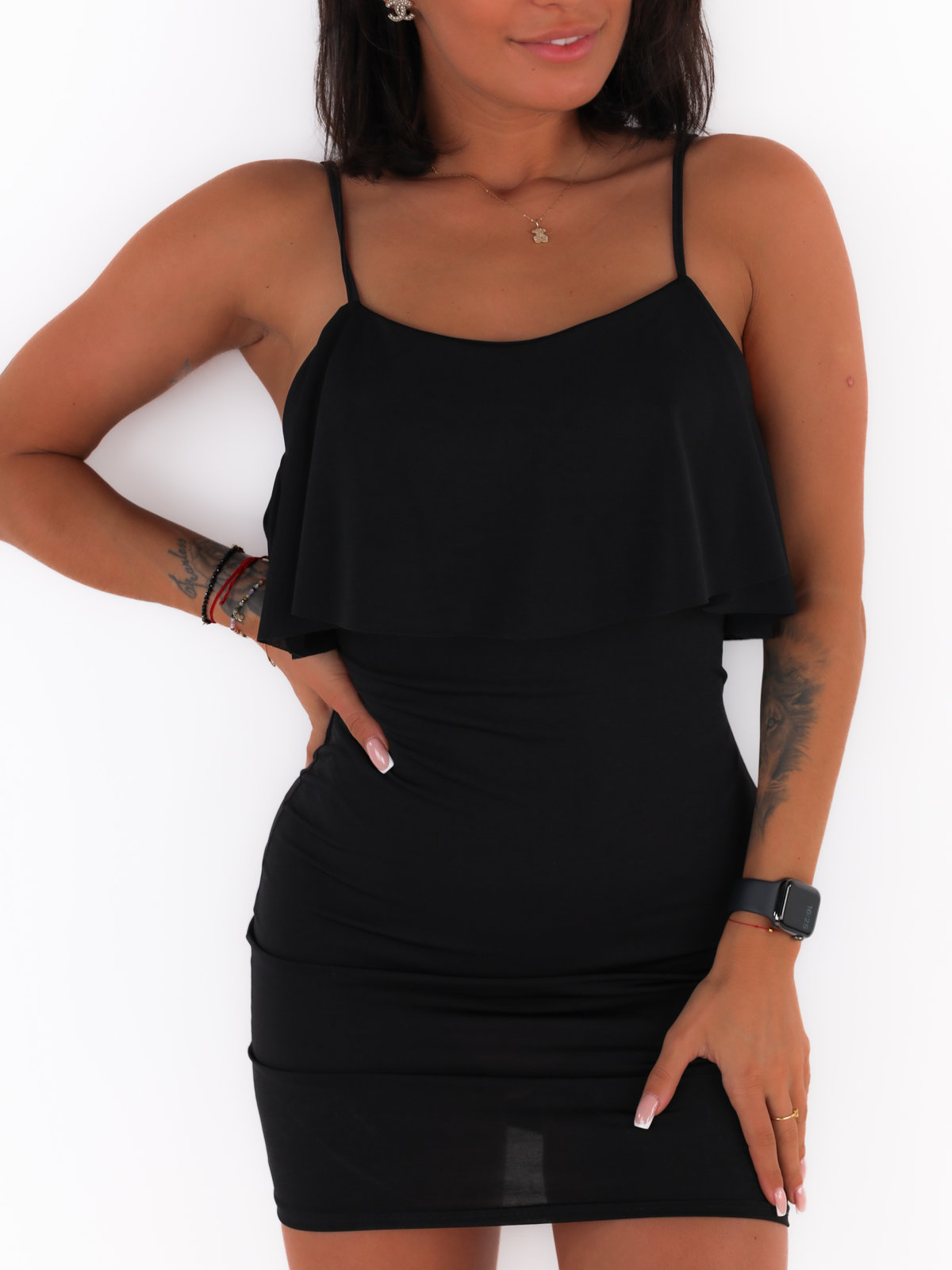 Fitted mini with frill on the neckline black C305