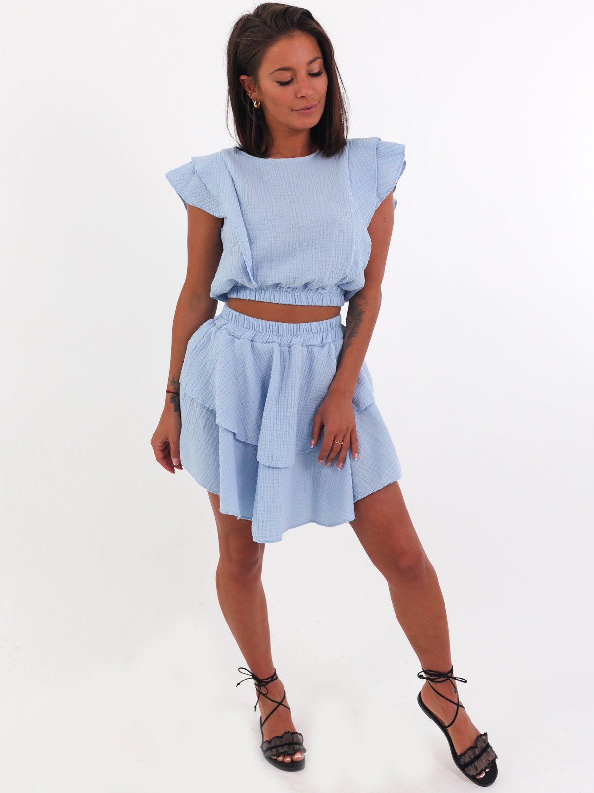 Muslin Boho Blouse Set + Asymmetrical Skirt | baby blue B75