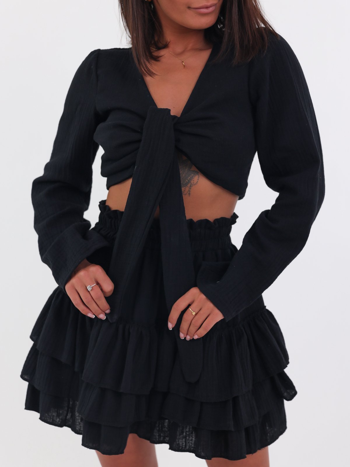 Muslin Boho Set Top + Skirt With Ruffles | black B78