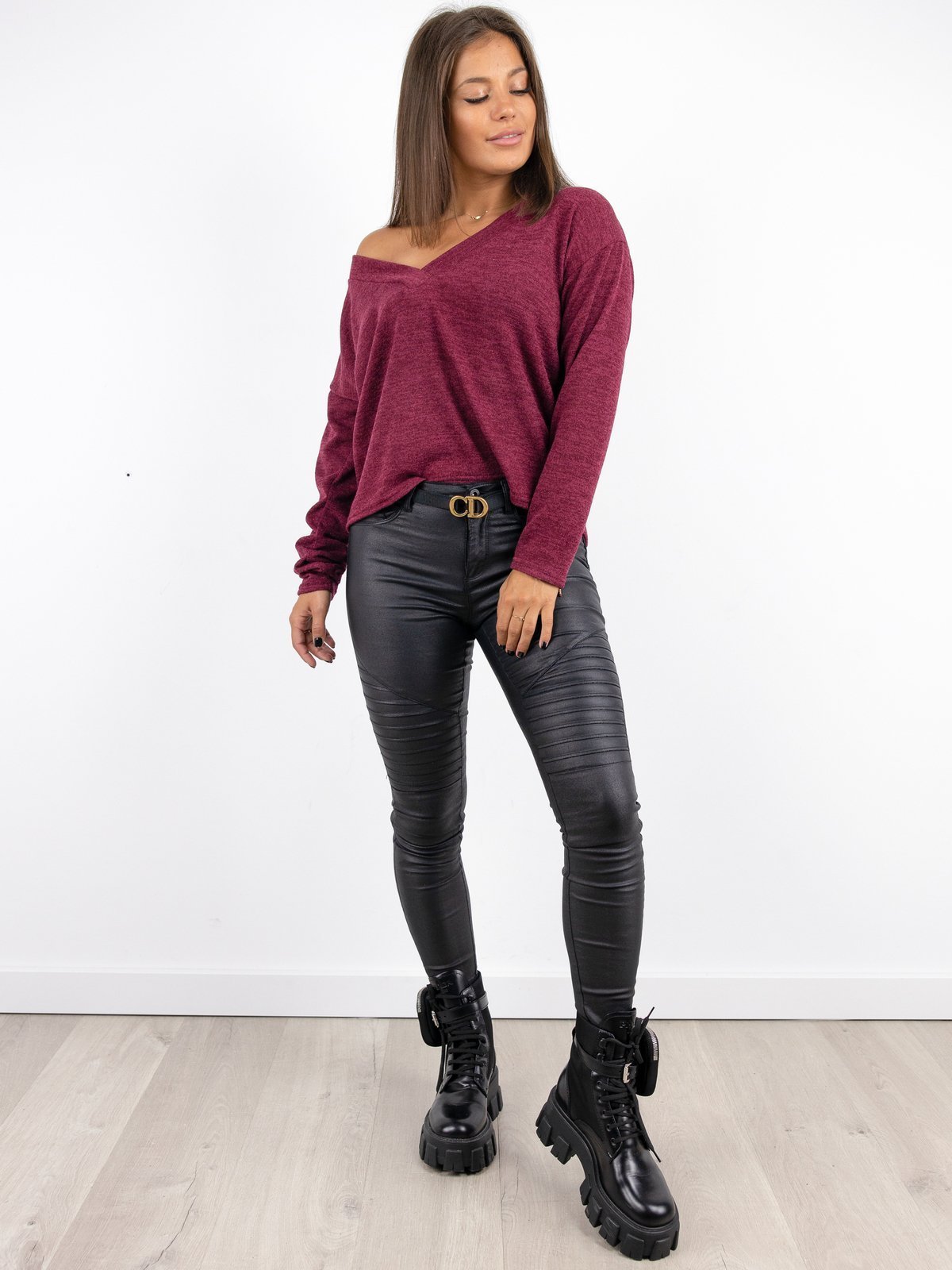 Oversize Sweater With V-neckline | maroon A226