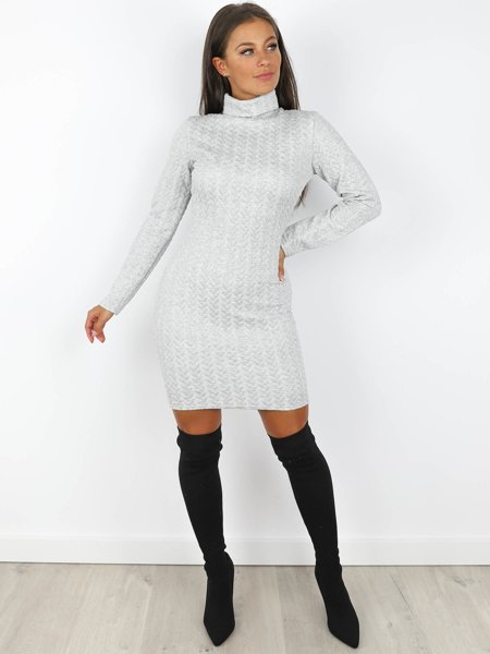 Quilted Dress With Turtleneck And Plaid Pattern | grey X191