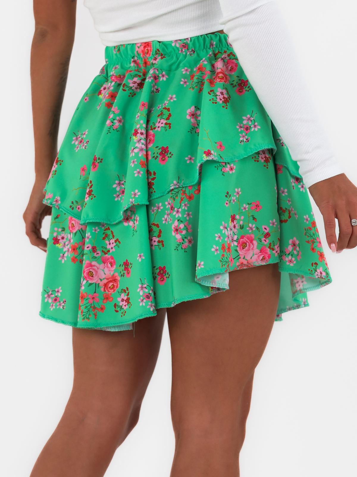 Ruffled Pleated Miniskirt | green with flowers C138