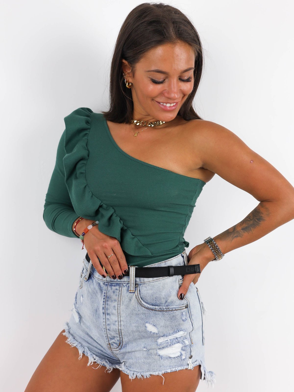 Striped One Shoulder Blouse | green A203