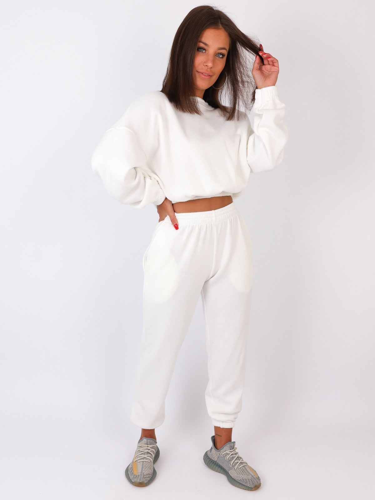 Sweater Hoodie Set Top + Ribbed Pants | white B12