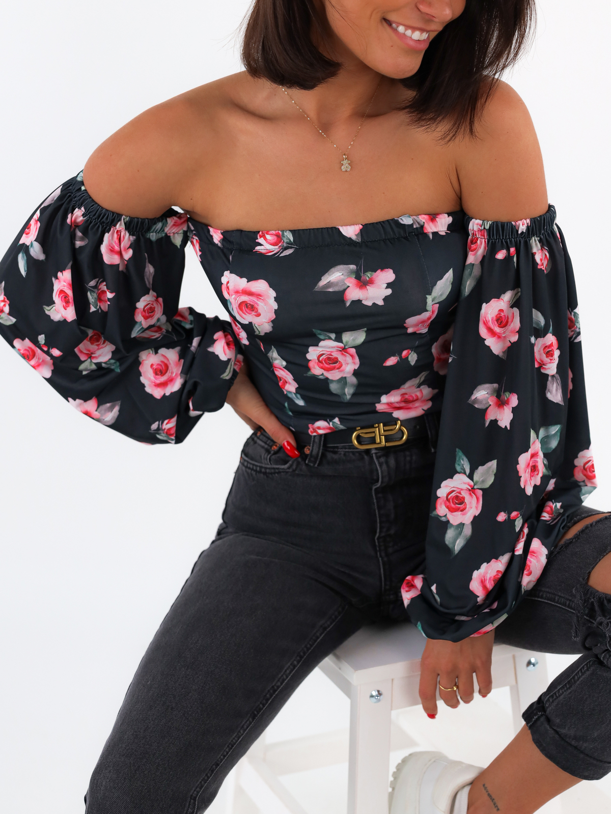 Wide Sleeved Corset Blouse | black with roses C182