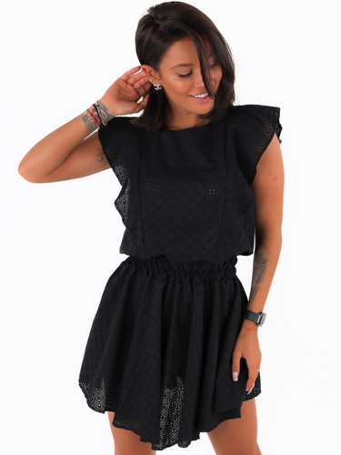 Asymetryczna sukienka z falbankami z haftowanej bawełny czarna c326