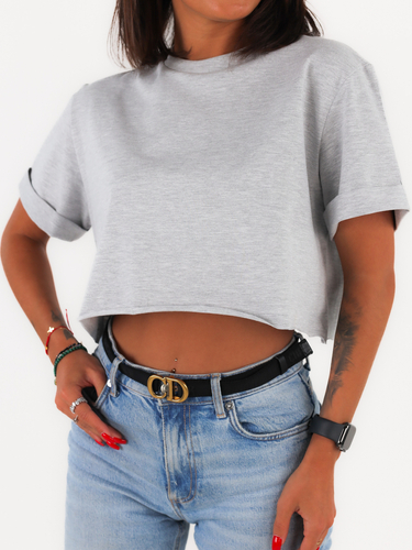 Krótka bawełniana bluzka t-shirt basic oversize szara c214 k01