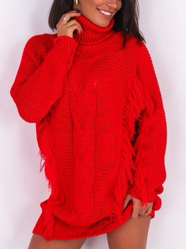 Sweter sukienka z golfem i frędzlami czerwony k02