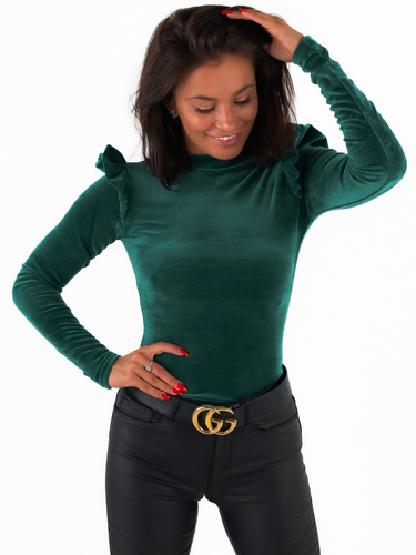 Welurowa bluzka z długim rękawem i falbankami zielona c360