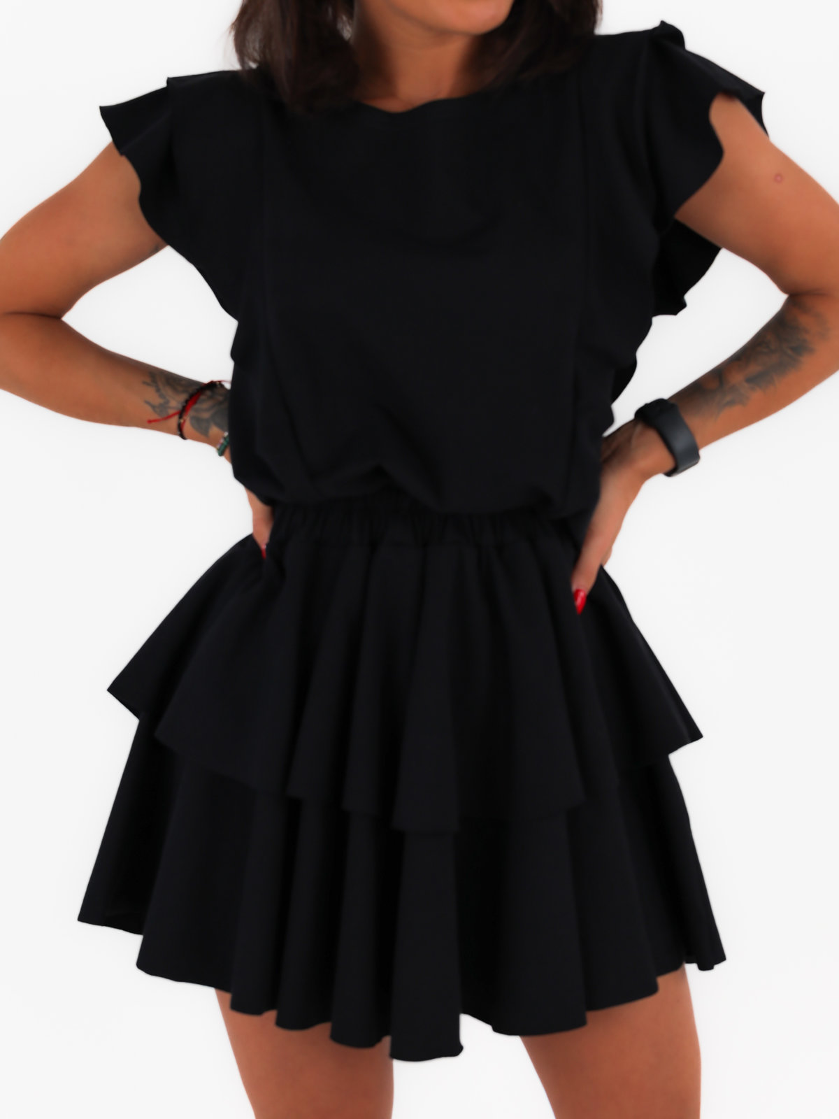 Asymetryczna sukienka z falbankami czarna c223