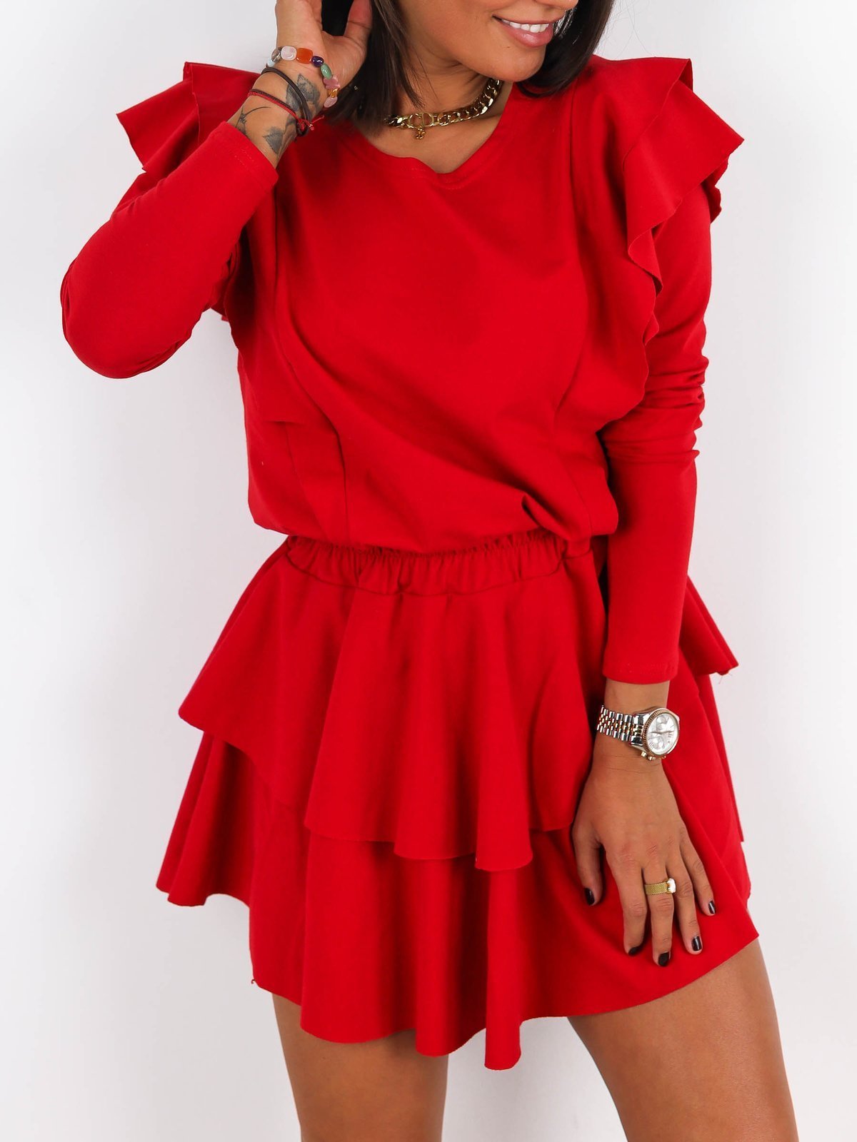 Bawełniana asymetryczna sukienka falbanki czerwona a209