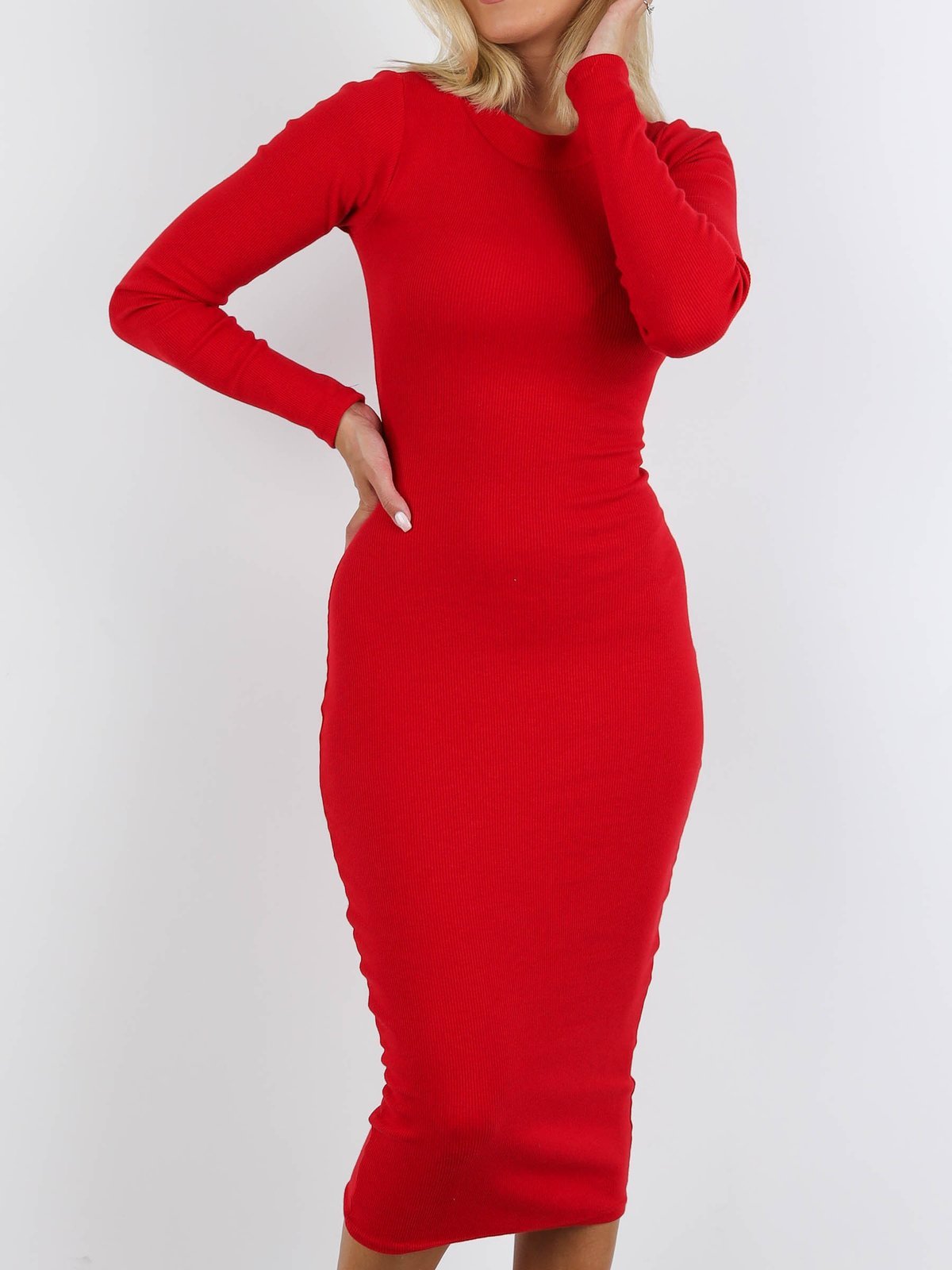 Bawełniana ołówkowa sukienka midi prążek czerwona a171 k01