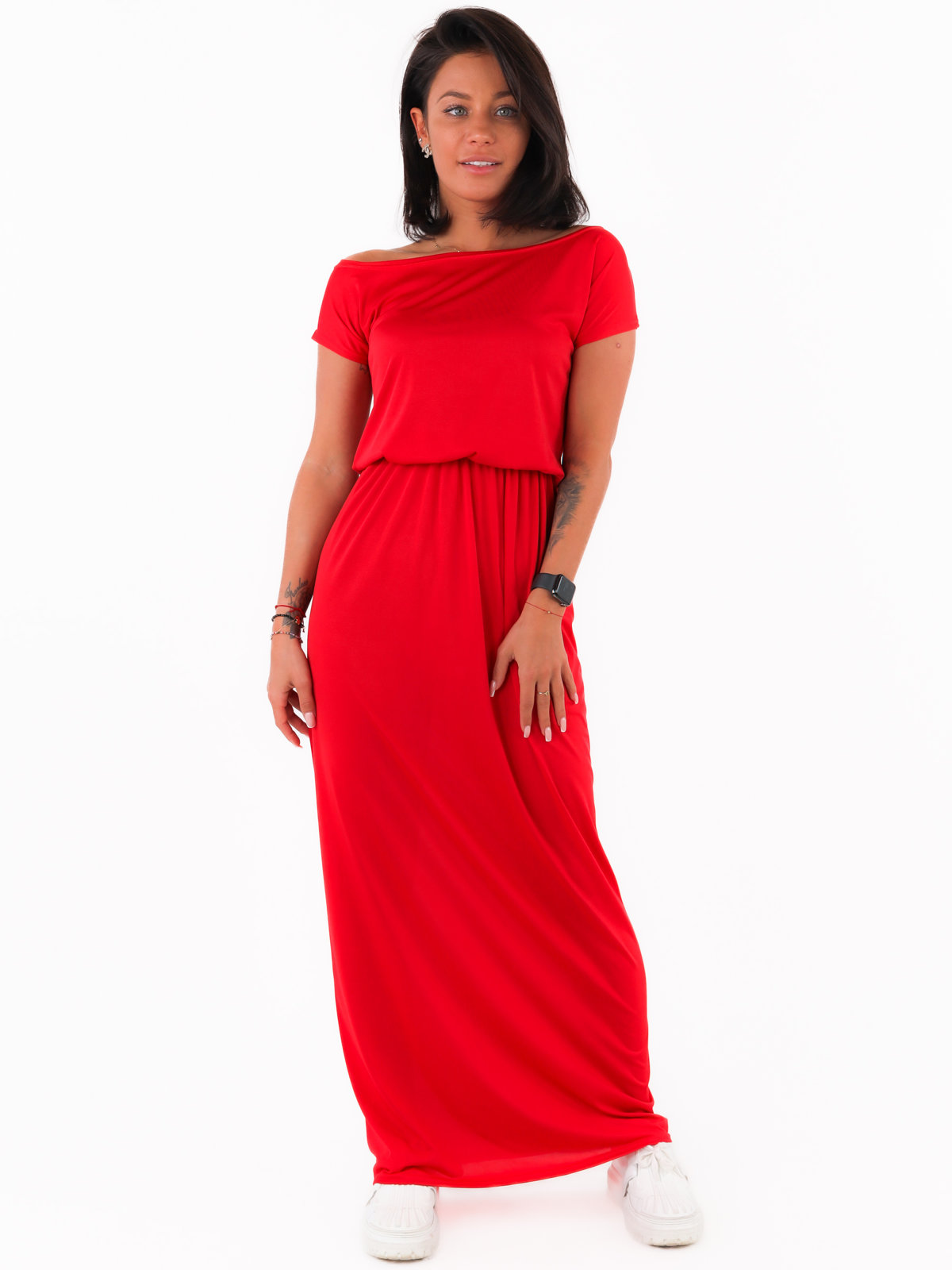 Sukienka maxi z krótkim rękawem czerwona c316 k01