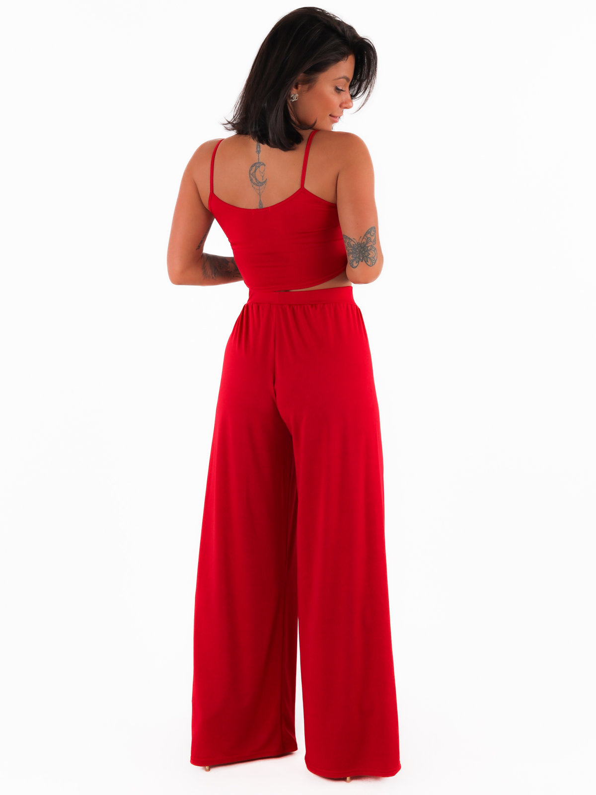 Zwiewny komplet luźne spodnie i krótki top na ramiączkach czerwony c315 k01