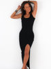 Bawełniana długa maxi sukienka z rozporkiem z prążka czarna c215 k01